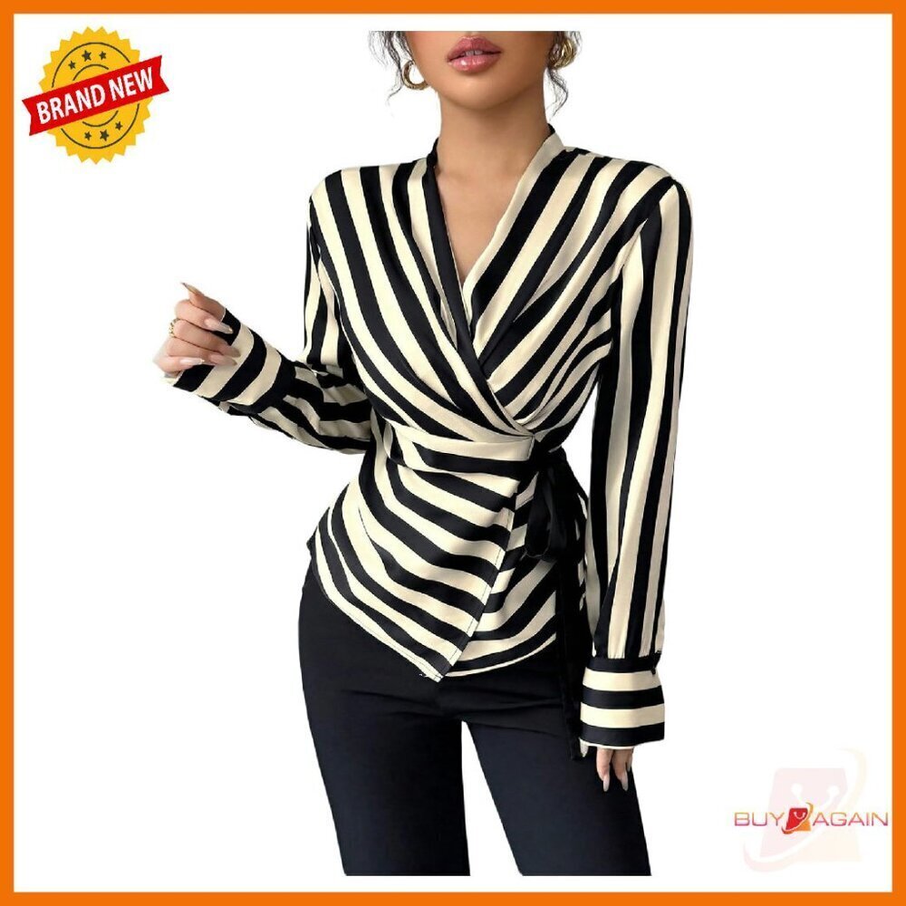 Long Sleeve Wrap V Neck Striped Blouse Ruched Work Shirt